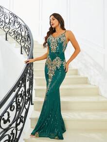 Missord 女士花朵刺繡和鏈珠細節晚禮服,綁帶上的花樣繡 - 綠色 - 查看 4