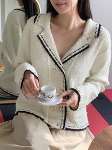 DAZY 女式對比色卷邊雙排扣針織衫 - 米色 - 查看 4