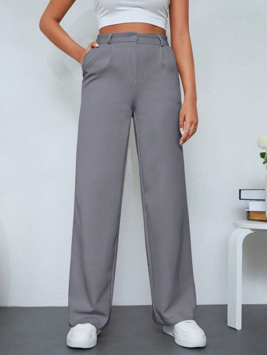 SHEIN Cottnline Solid Color Straight Leg Women's Suit Pants - Grey - View 1