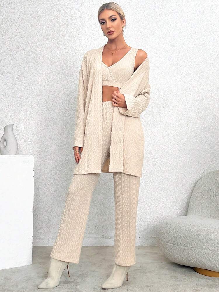 Drop Shoulder Open Front Coat & Tank Top & Pants