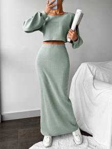 EURMUSE Women's Monochrome Ribbed Striped Round Neck Top And Skirt Set - Mint Green - View 1