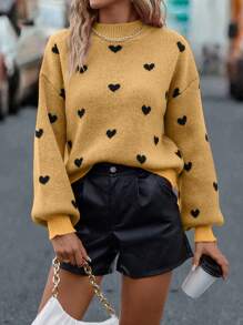 SHEIN LUNE Love Hình trái tim Thả vai Áo len - Màu Mù tạt vàng - Xem 6