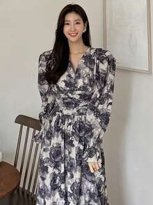 DAZY 女士花卉印花燈籠袖連衣裙 - 灰色 - 查看 3