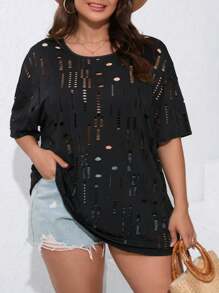 SHEIN LUNE Kích thước lớn Quý cô Dệt kim Lỏng lẻo phù hợp Xu hướng: Cắt giảm Áo - màu đen - Xem 3