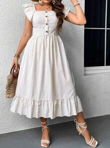 Flirla Vestido bohemio de verano para mujer con cuello cuadrado, volantes y dobladillo con volantes - Multicolor - Ver 1