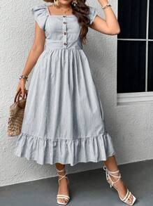 Flirla Plus Size Striped Dress With Ruffle Hem