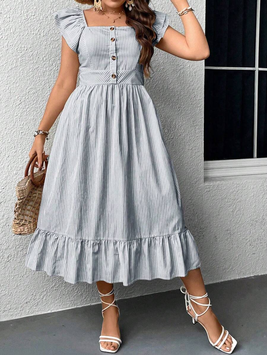 Flirla Plus Size Striped Dress With Ruffle Hem