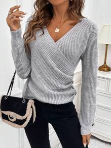 SHEIN LUNE V-neck Wrap Cross Knitted Sweater - Light Grey - View 1