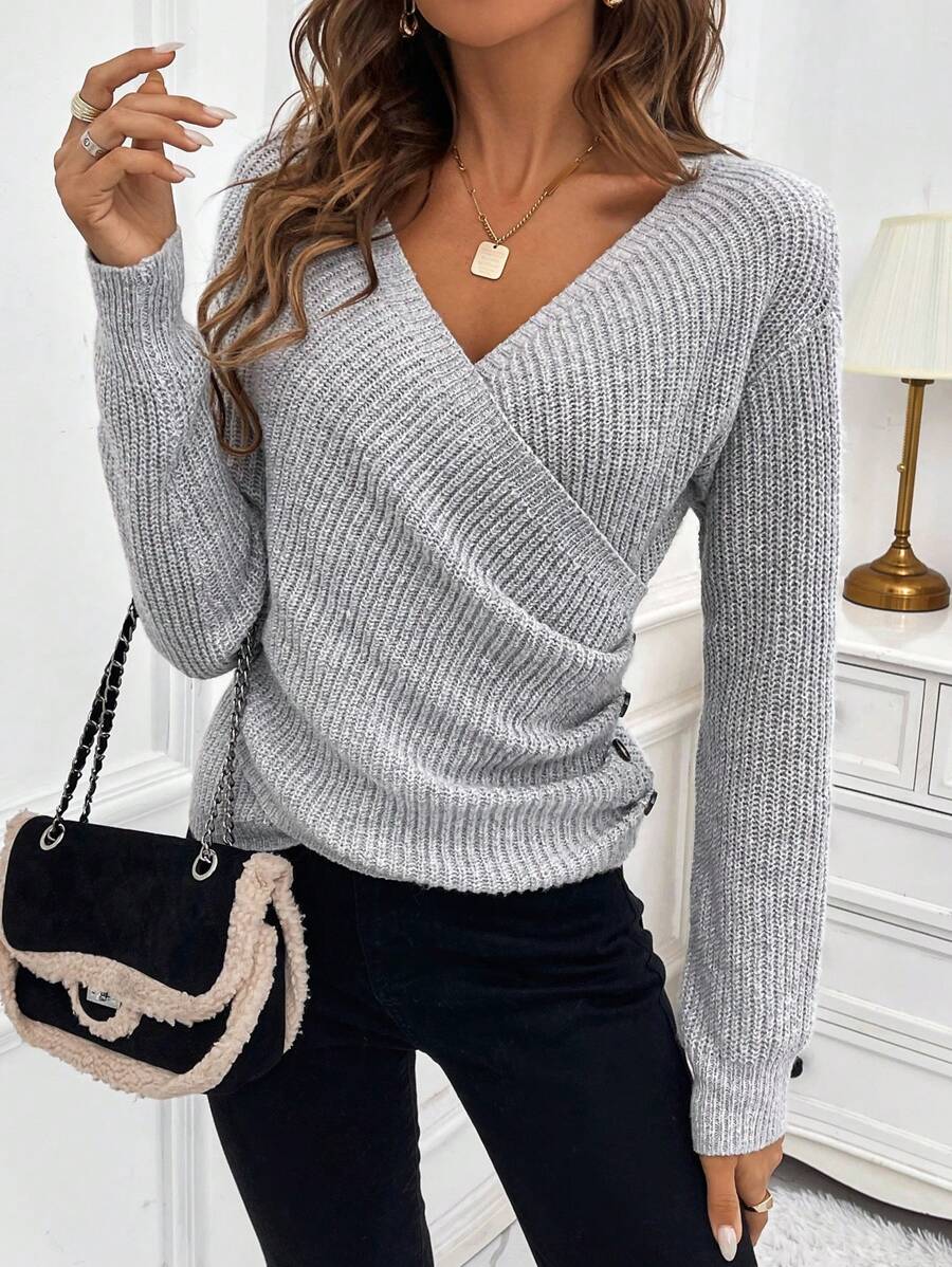 SHEIN LUNE V-neck Wrap Cross Knitted Sweater - Light Grey - View 1