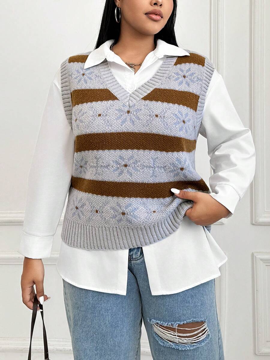 SHEIN EZwear 加大尺碼1件條紋圖案毛衣背心 - 彩色 - 查看 1