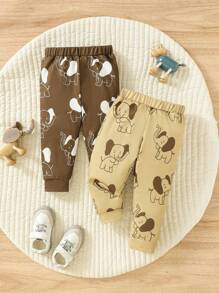 SHEIN 男婴大象印花裤（两件装） - 棕色 - 查看 1