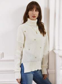 SHEIN Frenchy Women's Heart Embroidery Turtleneck Sweater Winter White Casual - White - View 3