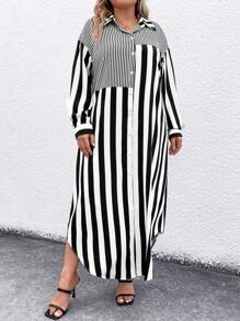 SHEIN LUNE Plus-size Striped Shirt Dress - Black and White - View 4
