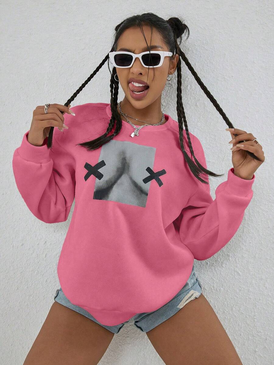 INAWLY Của phụ nữ In Vòng cổ Giải trí Tay áo dài Áo nỉ - Hồng - Xem 1