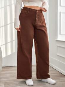 EURMUSE Plus Size Women's Solid Color Loose Jeans - Brown - View 3