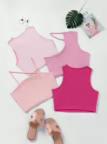 SHEIN Unity Women's 4pcs Asymmetrical Hem Tank Tops Graphic Tees Women Tops - Multicolor - View 2