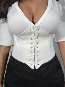 ROMWE Goth 1入組女性白色六邊形形狀腰皮帶帶打蠟燈芯絨系帶和孔眼適用於洋裝配件,每天穿戴