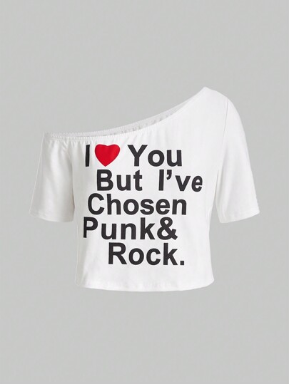 Grunge Punk Asymmetrical Shoulder Cut Letters Printed T-Shirt