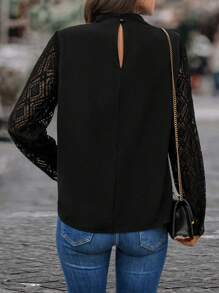 SHEIN Clasi 蕾絲袖子荷葉領襯衫 - 黑色 - 查看 2