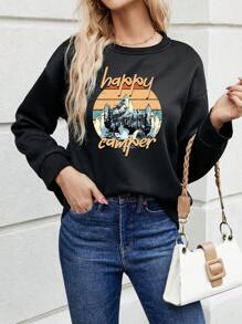 SHEIN LUNE Women's Mountain Peak And Letter Print Drop Shoulder Sweatshirt - Black - View 5