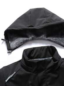 Manfinity Homme Loose Fit Men's Patch Detail Hooded Teddy Lined Zipper Padded Coat With Drawstring - Black - View 3