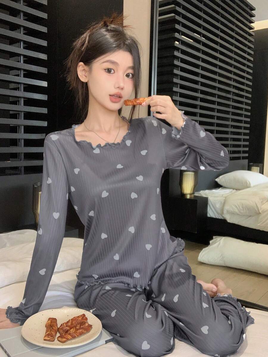 DAZY 女士心形印花睡衣套裝 - 深灰色 - 查看 1
