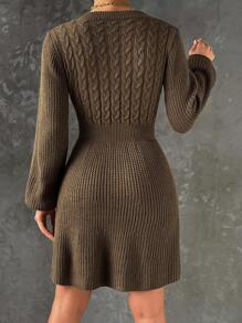 SHEIN Frenchy Lantern Sleeve Cable Knit Sweater Dress - Mocha Brown - View 2