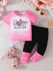 女婴爱心与兔子印花短袖T恤和裤子套装 - 玫紅色 - 查看 1