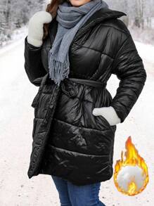 SHEIN LUNE Plus Solid Slant Pocket Belted Padded Padded Coat Clothes Winter - Black - View 1