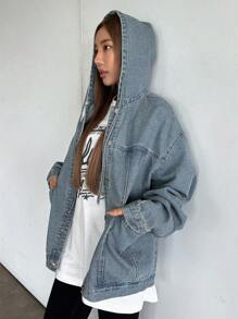 Dazy Star Ladies' Drawstring Hooded Denim Jacket Y2k