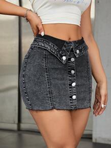 Jeanoix Button Front Raw Hem Denim Skirt - Dark Grey - View 4