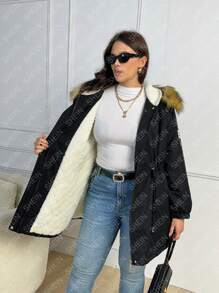 SHEIN LUNE Plus Drawstring Waist Fuzzy Trim Hooded Parka Padded Coat Clothes Winter Thermal Fall Cloth For Women - Black - View 6