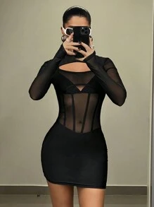 SHEIN ICON Lưới 2 trong1 Váy bodycon - màu đen - Xem 4