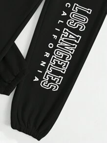 SHEIN EZwear Women's Letter Print Drawstring Jogger Pants With Elastic Cuffs - Black - View 3