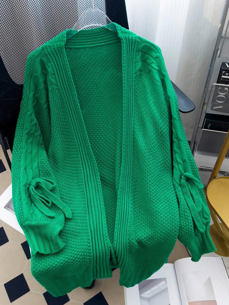 Flirla Áo len cardigan thiết kế đơn giản cỡ lớn - màu xanh lá - Xem 1