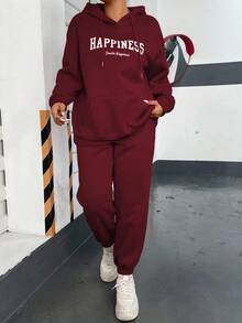 Flirla Hơn Đồ họa Chữ cái Túi kangaroo Lót nhiệt Dây rút Áo Hoodie & Quần thể thao - Màu Đỏ Sâu - Xem 4
