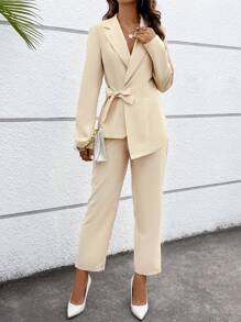 SHEIN Privé 尖領蝴蝶結西裝外套和褲子套裝 - 杏色 - 查看 1