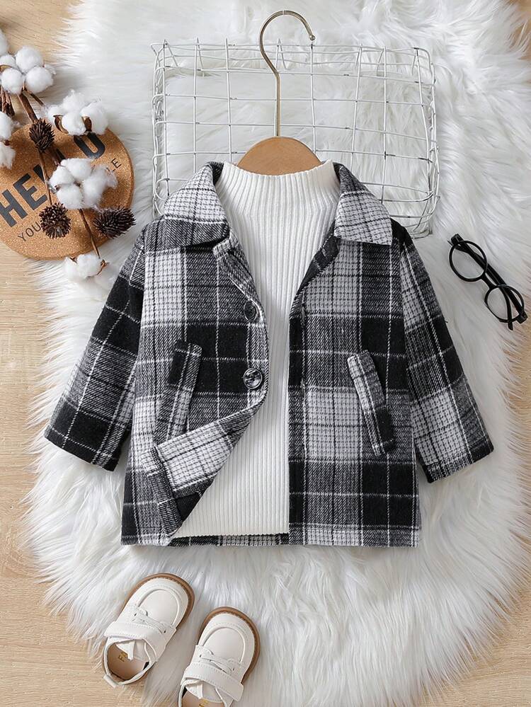 Baby Boys' Double Breasted Plain Woolen Coat With Turn-down Collar For Autumn/winter