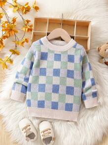 男童格紋圓領休閒毛衣 - 藍色 - 查看 1