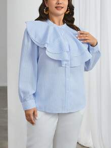 SHEIN Privé Plus Size Striped Elegant Shirt - Baby Blue - View 4