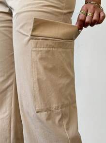 SHEIN Unity Women's Drawstring Waist & Patch Pocket Straight Pants, Long - Apricot - View 7