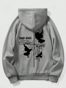 ROMWE MEN Goth 男士帶鷹圖案和標語印花的暖裡毛巾連帽衫,倒角袖 - 淺灰色 - 查看 1