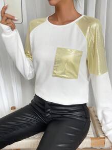 SHEIN LUNE Color Block Long Sleeve Sweatshirt With Pocket
