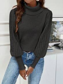 Calvaya Solid Color Turtleneck Lantern Sleeve Sweater,Long Sleeve Tops