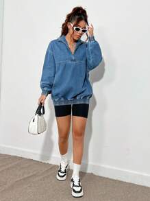 SHEIN ICON Half Zipper Slouchy Denim Top With Drop Shoulder, Fall Women Clothes - Blue - View 3