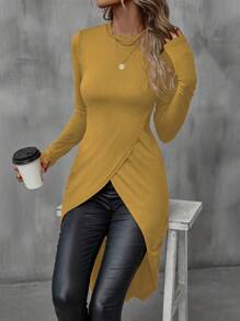 SHEIN LUNE Ladies' Wrap Style Asymmetrical Hem T-Shirt - Mustard Yellow - View 5
