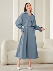Modelyn Conjunto de 2 piezas de vestido de unicolor y chaqueta corta con mangas abullonadas para mujer