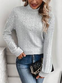 SHEIN LUNE Solid Color Half High Collar T-shirt Embellished With Pearl Studs - Grey - View 1