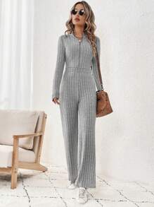 SHEIN LUNE Women'S Brushed Distressed Ribbed Texture Zipper Jumpsuit - Grey - View 4