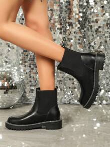 Botas Sin Cordones De Tacón Grueso/alto Para Mujer Con Banda Elástica, Botines, Botas Y Botas Cortas Negras De Invierno - Negro - Ver 4